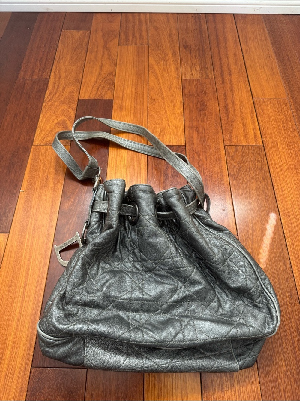 Authentic Dior Metallic Gray Quilted Drawstring Shoulder Bag
